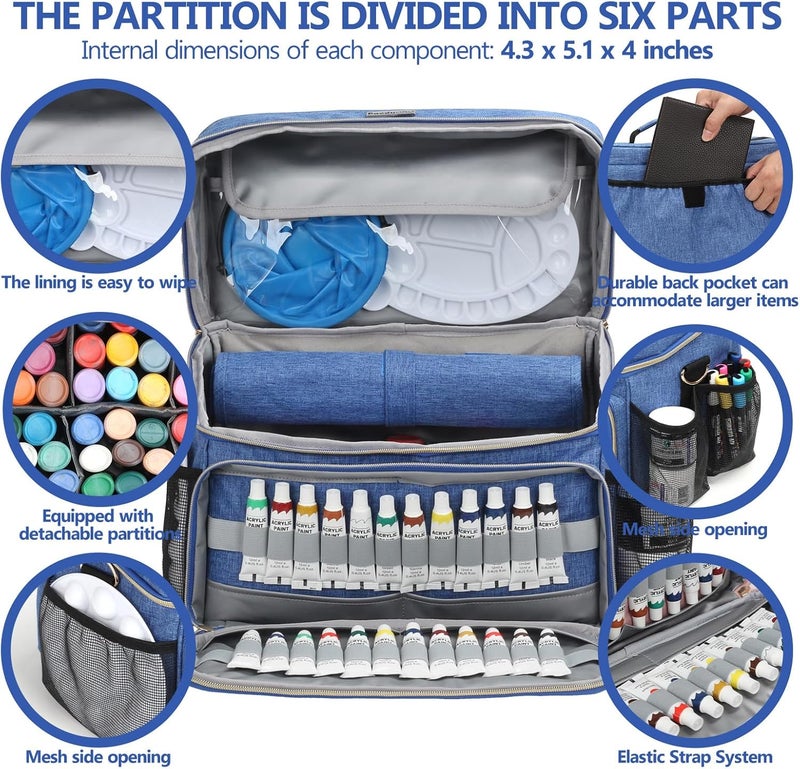 POCDUORG Store Art Supplies Organizer Storage Bag with Detachable Paint Brush Holder & Partition - Carrying Case for Home/Travel/Outdoor Fits Marks, Acrylic Paint, Palettes, Folding Buckets, Portfolios (Pro Blue) - Image 3